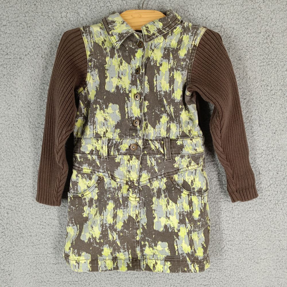 Lili Gaufrette France Girls 4 Green Brown‎ Denim & Knit Long Sleeve Romper Dress